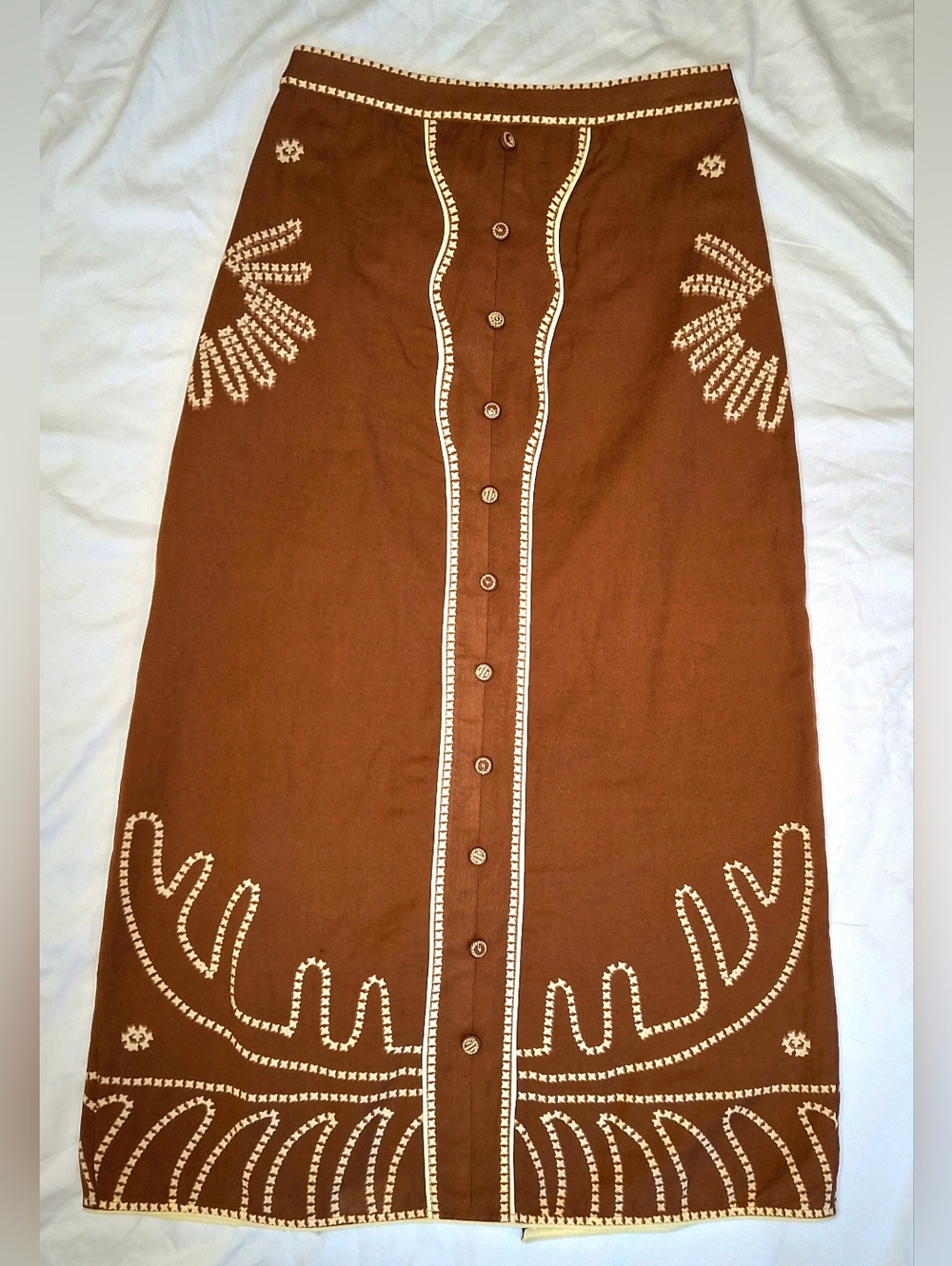 Anna Cate Embroidered Maxi Skirt Boho Button Front Brown Size Small - Picture 2 of 8